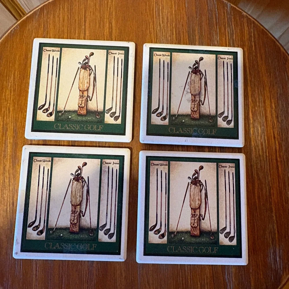 Vintage ceramic coasters depicting classic golf clubs.
